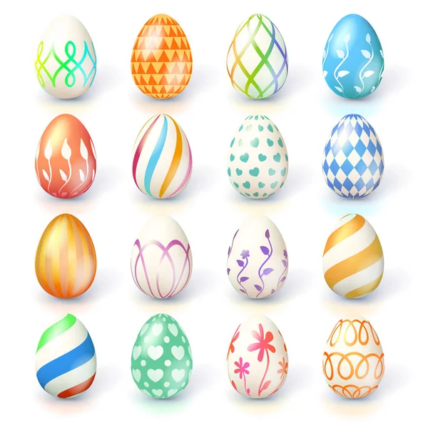 Conjunto de huevos de Pascua aislados sobre fondo blanco. Colección hecha a mano de huevos de Pascua con diferentes texturas y pinturas. Iconos realistas para vacaciones de primavera, estacionales . — Vector de stock