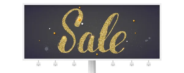 Sale. Billboard with calligraphic lettering decorated of golden glittering dust. Elegant ad of discount actions. 3D illustration on blackboard with shining dust blots. Vector layout for advertising — Stock Vector