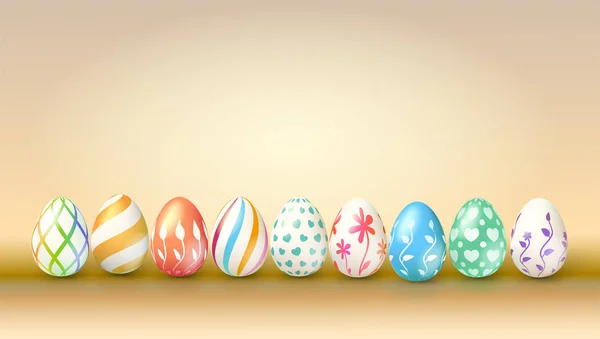 Colección de huevos de Pascua. Decoración de la celebración de primavera. Conjunto de huevos de Pascua hechos a mano con diferentes pinturas. Fondo para invitación, póster, portada. Ilustración vectorial 3d . — Vector de stock