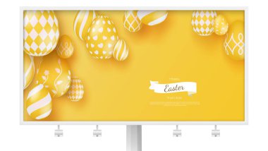 Tatil afiş, billboard. Mutlu Paskalya kutlamak. Yaratıcı banner şık minimalist sarı renkte. Üç boyutlu Paskalya yumurtaları modern tarzı. 3D yumurta Paskalya desenleri farklı dekore edilmiş..