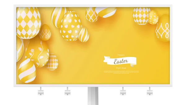 Διακοπές banner, billboard. Γιορτάζουν του καλό Πάσχα. Creative πανό στο καθιερώνον τη μόδα μινιμαλιστικό κίτρινο χρώμα. Τρισδιάστατα Πασχαλινά αυγά σε μοντέρνο στυλ. 3D αυγά διακοσμημένα διαφορετικά μοτίβα για Πάσχα. — Διανυσματικό Αρχείο