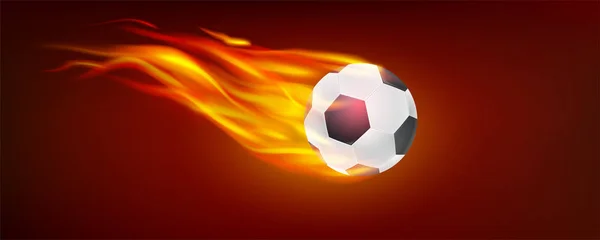 Realistische fliegende brennende klassische Fußballkugel. Ikone des Fußballs im Feuer für heiße Fußballspiele. 3D-Vektorillustration, Symbol für Stärke und Macht. — Stockvektor