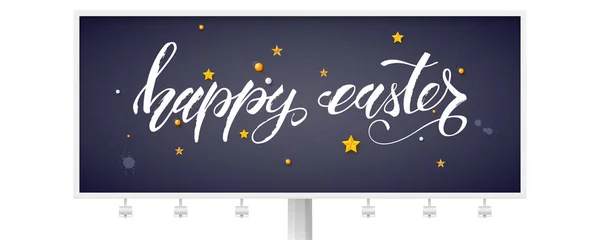 Plakatwand mit handgeschriebenem Text frohe Ostern verziert goldenes Spielzeug auf schwarzer Tafel. Konzept für frohe Ostern. editierbare Vektor 3D Illustration. — Stockvektor