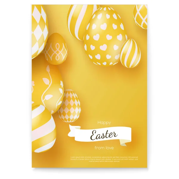 Happy Easter, wishes on holiday. Vector poster in trendy minimal style, limited colors. Ribbon in vintage, old school style with design of greeting text. Easter eggs in three-dimensional style.