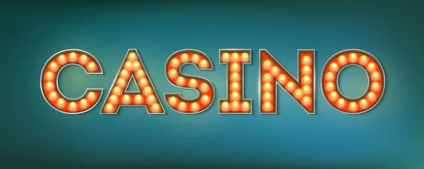 Beleuchtetes Straßenschild im Vintage-Stil. 3D-Vektor-Illustration zum Casino-Thema mit Glühbirnen und Textgestaltung auf grunge-blauem Hintergrund. Vorlage für Plakate, Einband, Prospekte — Stockvektor