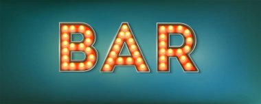 Bar. Vintage tarzı ışıklı sokak tabelası. 3D vektör çizim ışık ampuller ve grunge mavi arka plan üzerinde metin tasarımı ile Broadway konulu. Posterler, kapak, broşürler için şablon