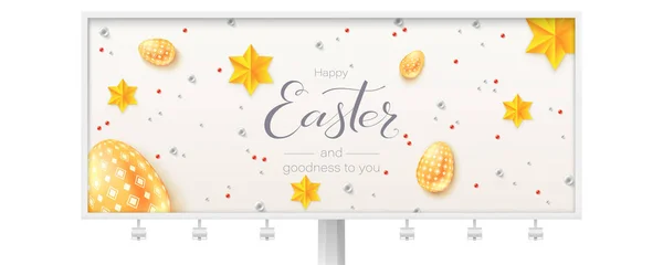 Vintage Easter pattern on white billboard. Creative hand written calligraphic text of greetings for easter holidays isolated on white. Golden and silver toys in abstract pattern. — Stock Vector