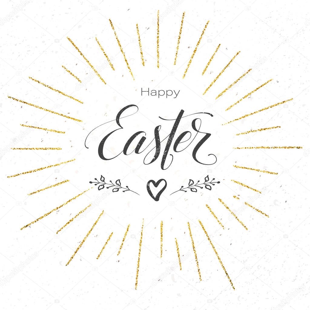 Happy Easter festive greeting card. Design of calligraphy lettering on banner. Vintage handwritten text, doodle with golden glittering rays. Retro label for religious holiday. Vector illustration