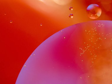 Sarı kırmızı soyut evren. Arka plan bulanık. Atış kapatın. Soyut molekül atom yapısı. Renkli baloncuklar uzayda. Biyoloji, fizik veya kimya arka plan. Makro çekim.