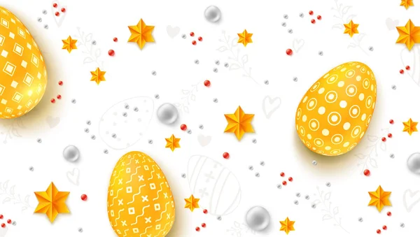 Easter decorative banner. Three-dimensions Easter eggs, gold stars and pearls in abstract pattern. Hand-drawn doodles and sketches of easter pictures. Greetings card for Church holidays — Stock Vector