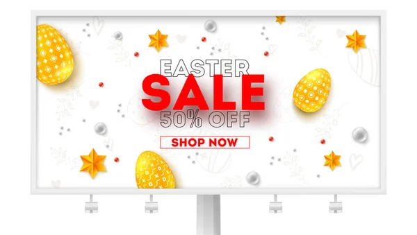 Easter sale. Ad billboard with special holiday offer. Discount 50 percent off. Abstract pattern from Easter eggs, golden stars and pearls, top view. Vector illustration for festive discount actions. — Stock Vector