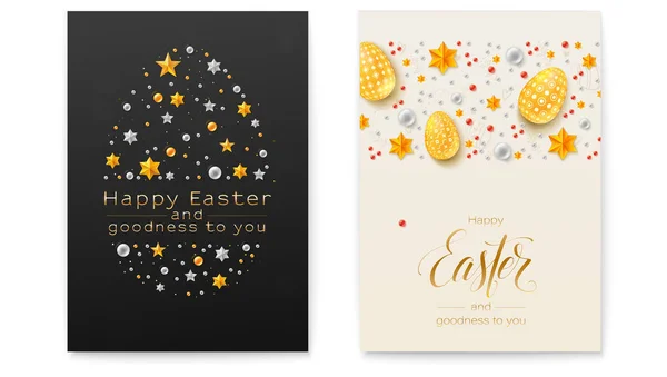 Easter decorative invitations. Festive pattern made from gold and silver stars and glittering pearls. Poster with handwritten greetings text. Chic vector greetings card for Church Easter holidays — Stock Vector