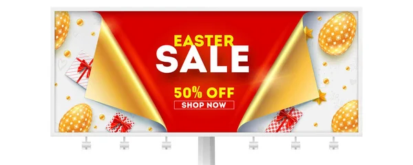Easter sale get up to 50 percent discount. Billboard for retail shopping actions. Golden easter eggs, gift boxes and toys on white background. Design of text with message about sale, reduce of price.