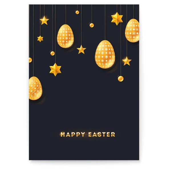 Cartel festivo con saludo para la Feliz Pascua. Estrellas doradas y huevos de Pascua decorados colgando de cuerdas sobre fondo negro. Diseño de texto para fiesta religiosa. Ilustración vectorial en blanco . — Vector de stock