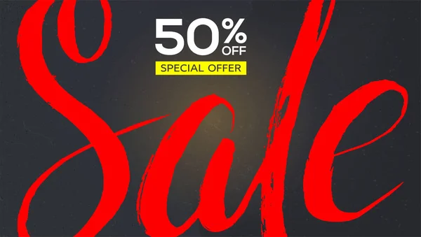 Sale banner. Red handwriting text Sale with scratches on black background. Design of text fifty percent discount. Grunge template for discount actions, promo events in shops and markets. — Stock Vector