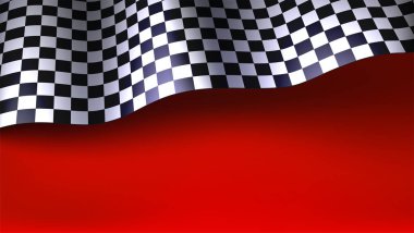 Sallayarak damalı bayrak kırmızı arka plan üzerinde yarış. Araba ya da Motorsporları ralli için bayrak. Üç boyutlu yarışları, yarışmalar, loto, bahis office, promosyon oranları için illüstrasyon vektör
