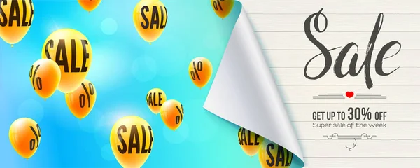 Sale, Discount 30 percent off. Banner with bended corner of paper, flying helium balloons in blue sky and handwritten text. Vector banner with design of text on background of textured wooden planks. — Stock Vector