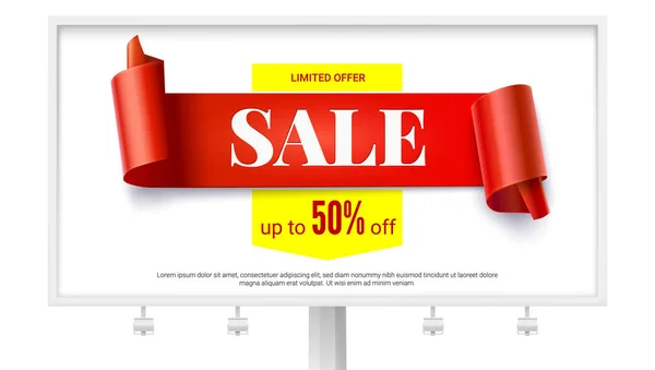 Sale. Realistic billboard with red ribbon with special limited offer. Curved red banner isolated on white background. Three dimensional vector illustration for events by discount, fifty percent off.