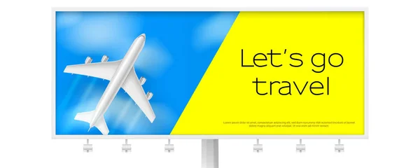 Silver airplane in blue sky with clouds. Billboard with flying plane on blue background. Concept of two-tone advertising poster for travel agencies, travel, journey. Jet commercial airplane — Stock Vector