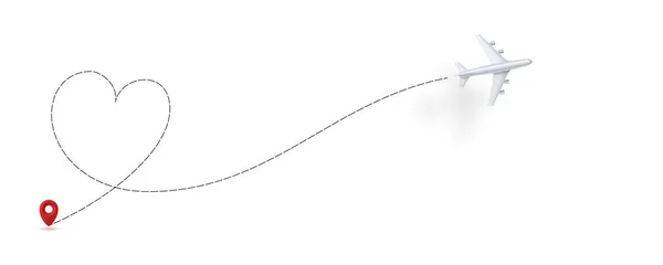 Trajectoire de vol de l'avion en forme de coeur, tracé en pointillés. Icônes réalistes de l'avion et point de départ isolé sur fond blanc. Illustration vectorielle 3d . — Image vectorielle