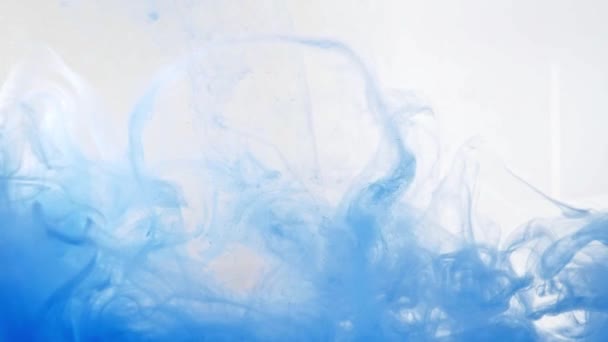 Blaue Tinte, die sich in Wasser auflöst, Nahaufnahme. Abstrakter Hintergrund. Acrylwellen, die in flüssigen, abstrakten Mustern wirbeln. Acrylwolken mischen sich mit Wasser. Farbe verschwindet in Flüssigkeit. verschwommener Hintergrund. — Stockvideo