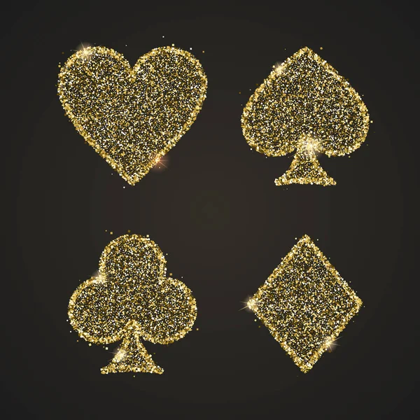 Costume classique de cartes à jouer. Illustration avec paillettes dorées, poussière brillante. Icônes vectorielles. Concept pour casino, affiche, bannière, dépliant. Symboles de jeu de poker isolé sur fond noir . — Image vectorielle