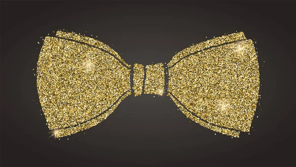Klassieke strik met glitter. Silhouet van Bow tie van sprankelende gouden stof geïsoleerd op zwarte achtergrond. Decoratief symbool voor uitnodiging, bruiloften, wenskaart. — Stockvector