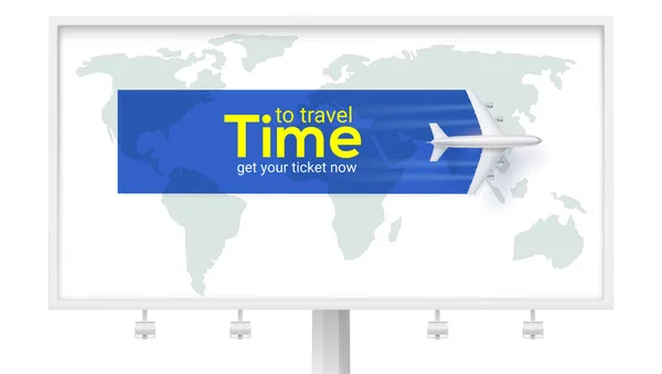 Время путешествовать. Воздушный транспорт между странами и континентами. Получи свой билет. Самолет над картой Земли на белом рекламном щите. Векторная 3D иллюстрация, изолированная на белом . — стоковый вектор