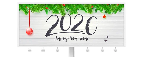 Feliz Ano Novo desejos para 2020 com ramos de abeto e brinquedos de árvore de Natal em fundo de madeira leve. Billboard com letras manuscritas 2020 em estilo caligrafia chinesa. Ilustração vetorial . — Vetor de Stock