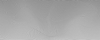 Noktalardan yarı ton etkisi, vektör arka planı. Bayrak veya su gibi dalgalı pürüzsüz yüzey. Minimalist tasarım, iki tonlu dalgalı arka planlar. Soyut çarpık desenler. Poster, afiş için şablon.