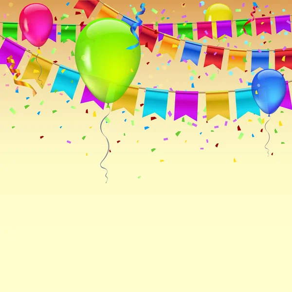 Guirlande de carnaval avec fanions, confettis et ballons volants. Drapeaux colorés décoratifs pour anniversaire, fête et foire. Bannière festive avec guirlande de drapeaux de couleur et confettis . — Image vectorielle