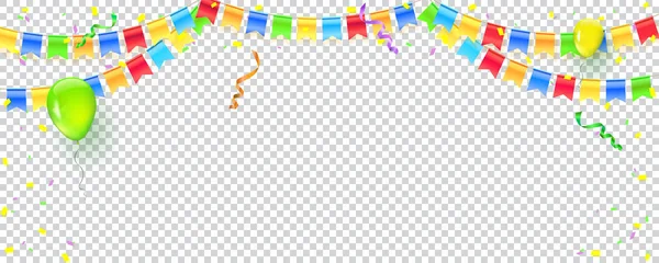 Banner met streamers, confetti en slingers van multi gekleurde hangende vlaggen. Vector geruite achtergrond voor verjaardag, carnaval, viering, verjaardag en vakantie partij. Exploderen van confetti. — Stockvector