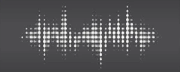 Motif de demi-teinte blanc, forme d'onde audio. Design moderne rythme de cœur. Spectre d'ondes sonores. Ornement pointillé abstrait isolé sur fond noir . — Image vectorielle
