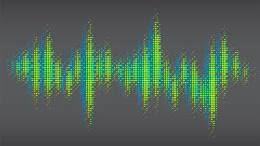 Kırmızı, yeşil, mavi noktaçok renkli halftone desen. Kalbin modern tasarım ritmi. Ses dalgası spektrumu. Soyut noktalı süs siyah arka plan üzerinde izole.