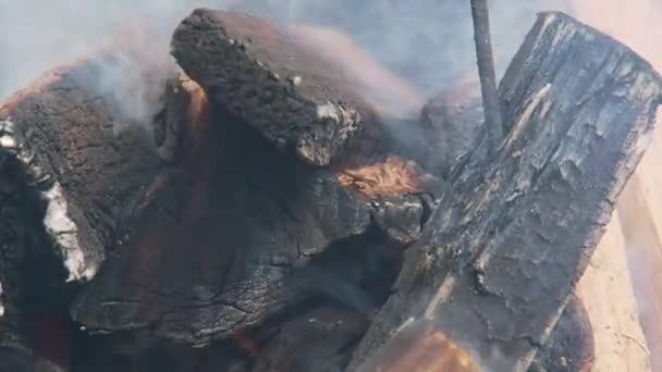 Leña marrón-negra apilada para recoger la quema. Estructura de madera. Muy cerca. Enfoque suave selectivo. Fondo borroso. Fuego ardiendo con llama naranja y humo blanco. Humo arremolinado en el viento . — Vídeo de stock