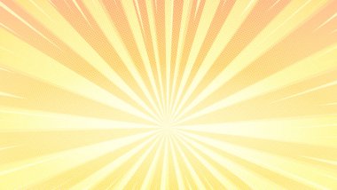 Güneş ışınları ve yarı ton etkisi ile pop sanat arka plan. Yarım tonlu noktalarla soyut arka plan. Sarı ışınları ile çizgili retro çerçeve. Superhero için çizgi roman kapağı. Vektör çizimi.