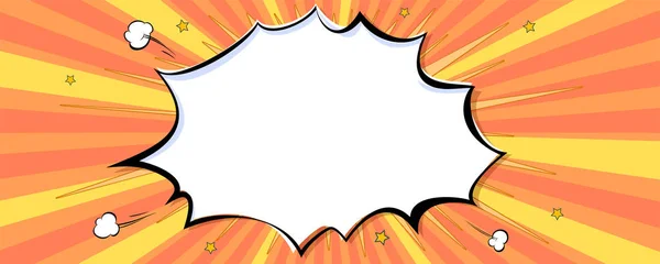 Burbuja de habla cómica sobre fondo abstracto de arte pop con rayos de sol y efecto de puntos de medio tono. Marco retro a rayas con rayos amarillos. Portada del cómic para la historia de Superhero. Ilustración vectorial — Vector de stock