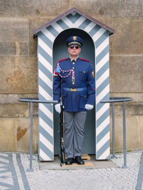 Prag, Çek Cumhuriyeti - Nisan 2019: Prag Kalesi'nde tüfekle görev başında olan Guardian. Mavi üniformalı ve tüfekli bir adam nöbet tutuyor. Prag'daki nöbetçi nöbetçileri törensel silahlı muhafızlar.