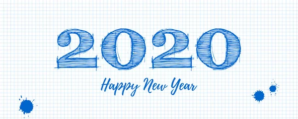 Boldog új évet 2020 üdvözlés poszter. Kézírásos betűkkel a tinta a fehér iskola grafikon papírlapra, szögletes rács. Retro üzenet ünnepe a karácsony. Vektoros üdvözlőlap meghívásokhoz — Stock Vector