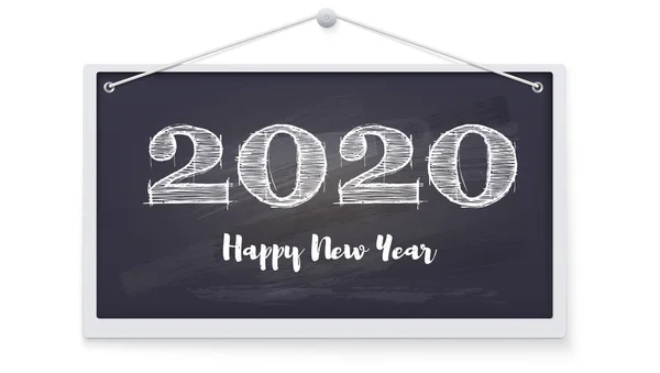 Tarjeta de felicitación Feliz Año Nuevo 2020. Fondo festivo sobre pizarra colgando de una pared. Elegantes letras retro para la celebración de la Navidad en pizarra. Tarjeta de felicitación vectorial para fiesta, invitaciones . — Archivo Imágenes Vectoriales