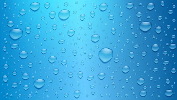 Gocce d'acqua su sfondo blu. Goccioline realistiche tridimensionali, illustrazione vettoriale 3d. Fondo strutturato per banner, poster, volantino — Vettoriale Stock