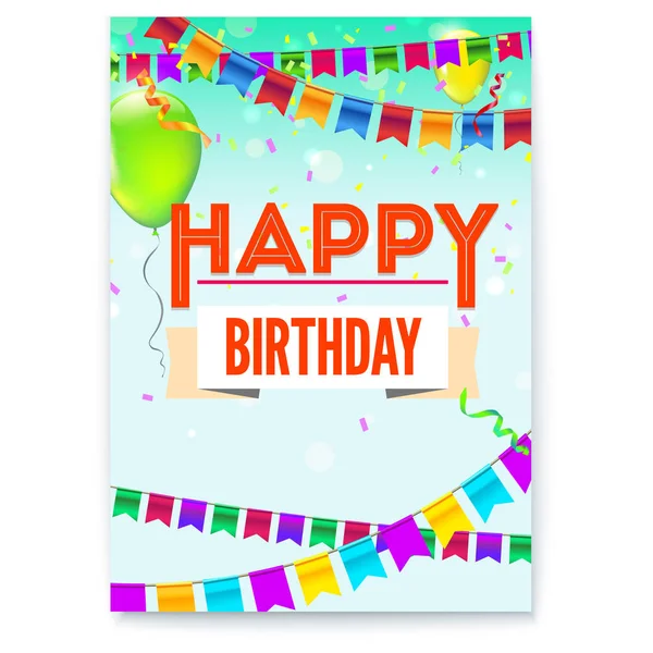 Happy Birthday greeting poster. Festive background with garlands, confetti and colored balloons. Stylish retro lettering Happy birthday. — Stock Vector