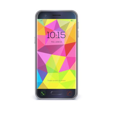 Akıllı telefon, cep telefonu beyaz arka planda izole. Renkli üçgenlerin arka plan ile ekranın Ui elemanları. Saat, pil seviyesi, sinyal seviyesi. Gerçekçi vektör 3d illüstrasyon.