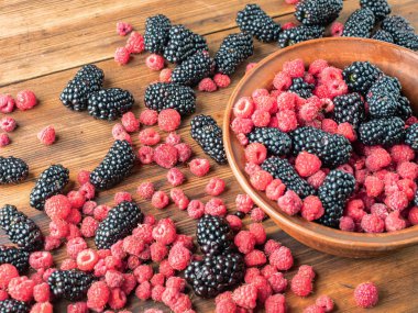 Kahverengi masa üzerinde yatan taze olgun meyveleri yakından görünümü. Kahverengi çanak kırmızı ahududu ve siyah dut dolu. Meyve arka planı. Seçici yumuşak odak. Bulanık arka plan.