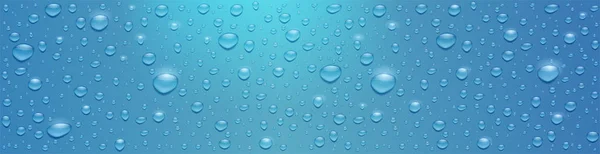 A água realista cai na superfície azul longa. Gotas volumétricas com reflexão solar, ilustração vetorial 3d. Fundo texturizado com gotas de água brilhante para banner, cartaz, folheto —  Vetores de Stock
