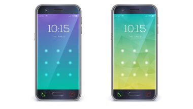 Ui tasarım, giriş sayfası. Şifre ile erişim ile modern uygulama ekran, sayfada oturum açın. Farklı arka plan rengi. Beyaz izole dokunmatik ekranlı akıllı telefon kavramı. Vektör 3d illüstrasyon.
