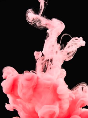 Pembe boya damlacıksu siyah arka plan üzerinde izole suya düştü, yakın görünümü. Akrilik mürekkep sıvı içine eriterek. Bindirmeler tasarımı, ekran karıştırma modu katmanı için soyut siyah arka plan.