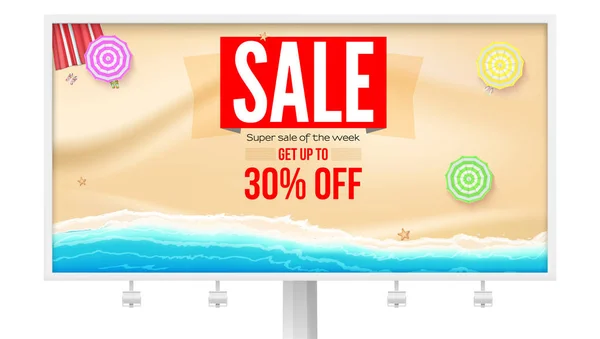 Billboard z propozycji sprzedaży super. Sprzedaż, dostać się do 30 procent rabatu. Brzeg z parasolami na żółtym piasku w pobliżu morza Surf. Banner dla akcji sprzedaży. Szablon wektorowy, ilustracja 3D. — Wektor stockowy