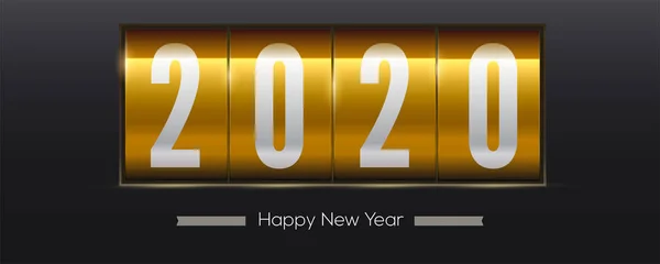 Visszaszámlálás az új év 2020. Arany retro mechanikus óra fekete háttér. Sablon Vintage üdvözlőlapok. Számlálás pillanata kezdetű karácsony vagy újév 2020. Vektoros 3D-illusztráció. — Stock Vector