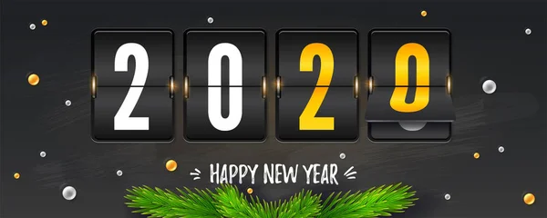 新年倒计时。计算圣诞节或2020年新年前的最后时刻。复古时钟。由杉木树枝和球装饰的横幅。新年快乐用粉笔写。矢量 3d 插图. — 图库矢量图片